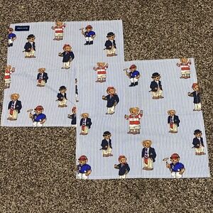 (2) Ralph Lauren vintage Polo Bear Handkerchief scarf square Blue Striped Cotton